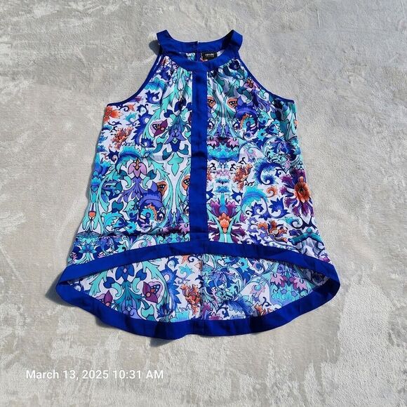 Nicole Miller Tops - Nicole Miller Sz Large Multicolor Floral Sleeveless High Low Hem Button Back Top
